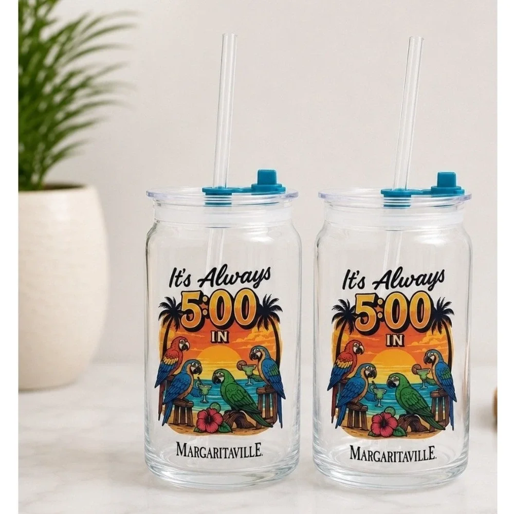 Margaritaville NEW Set of 2 Glass Sippers 16oz It's Always 5:00 Lids & Straws
